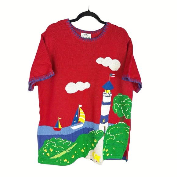 Quacker Factory 1X Red Short Sleeve‎ Sweater Lighthouse Sailboats Ducks Teacher - Picture 1 of 7